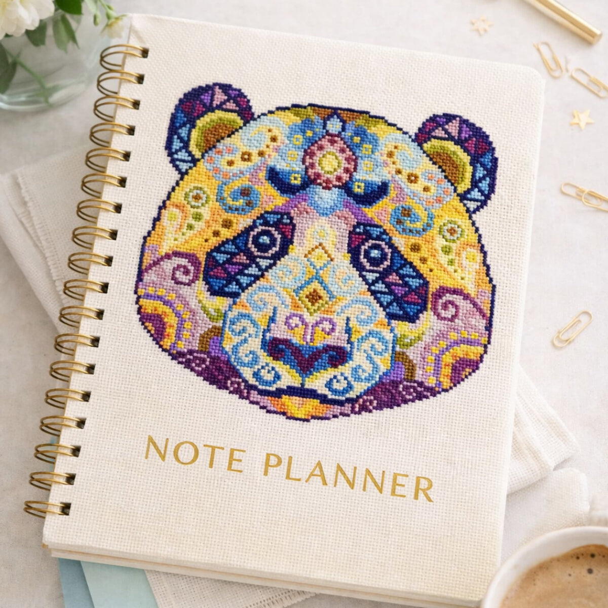 Folk modern panda counted cross stitch kit displayed on notebook cover with colorful panda embroidery design.
