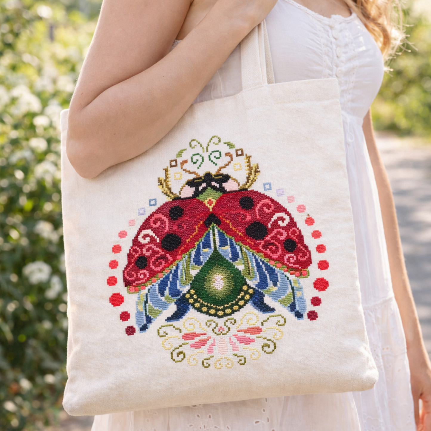 Ladybug cross stitch embroidery on linen tote bag, folk inspired insect embroidery design on handmade shopping bag, colorful cross stitch accessory.