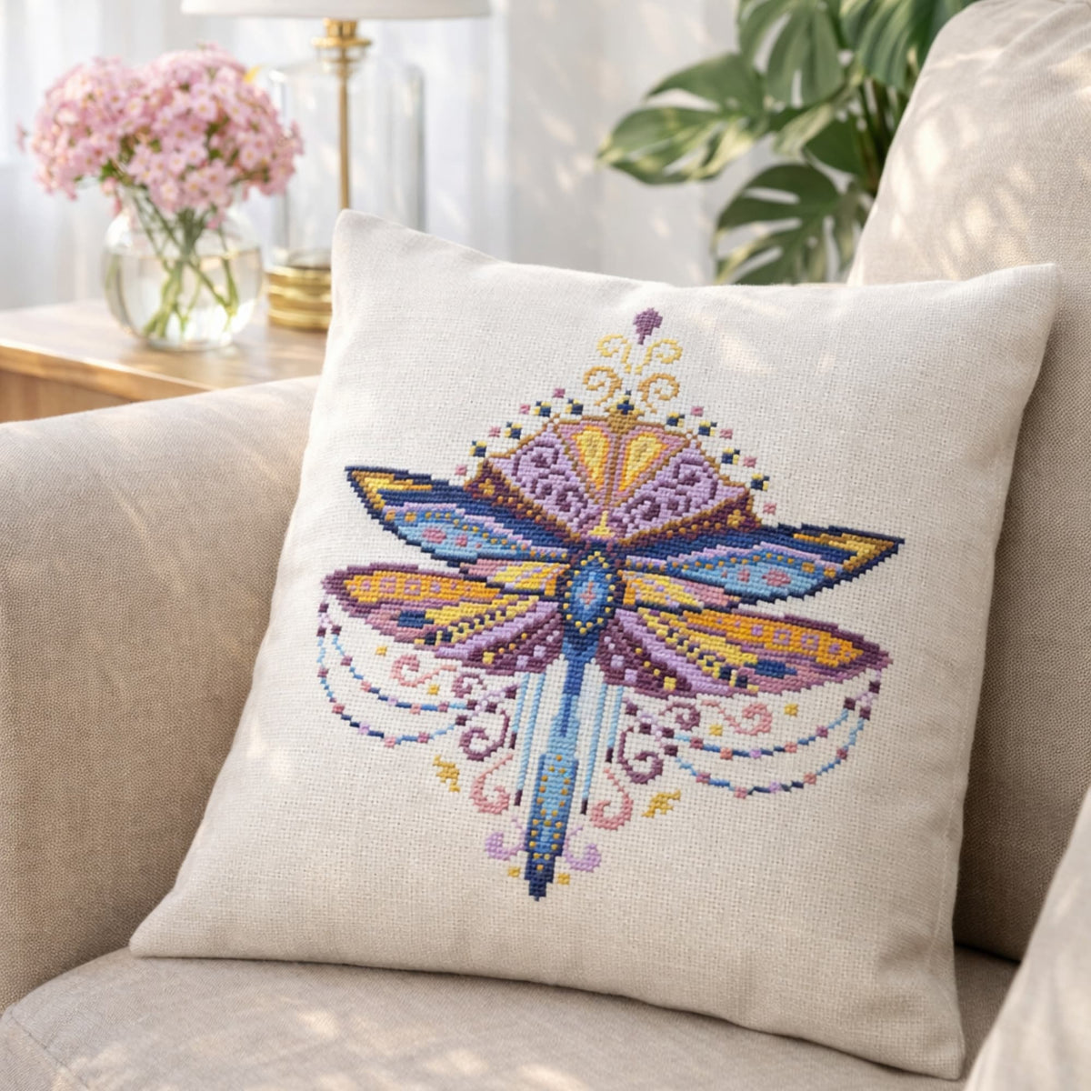 Purple Dragonfly Cross Stitch Pattern PDF digital download displayed on decorative pillow with vibrant dragonfly embroidery design.