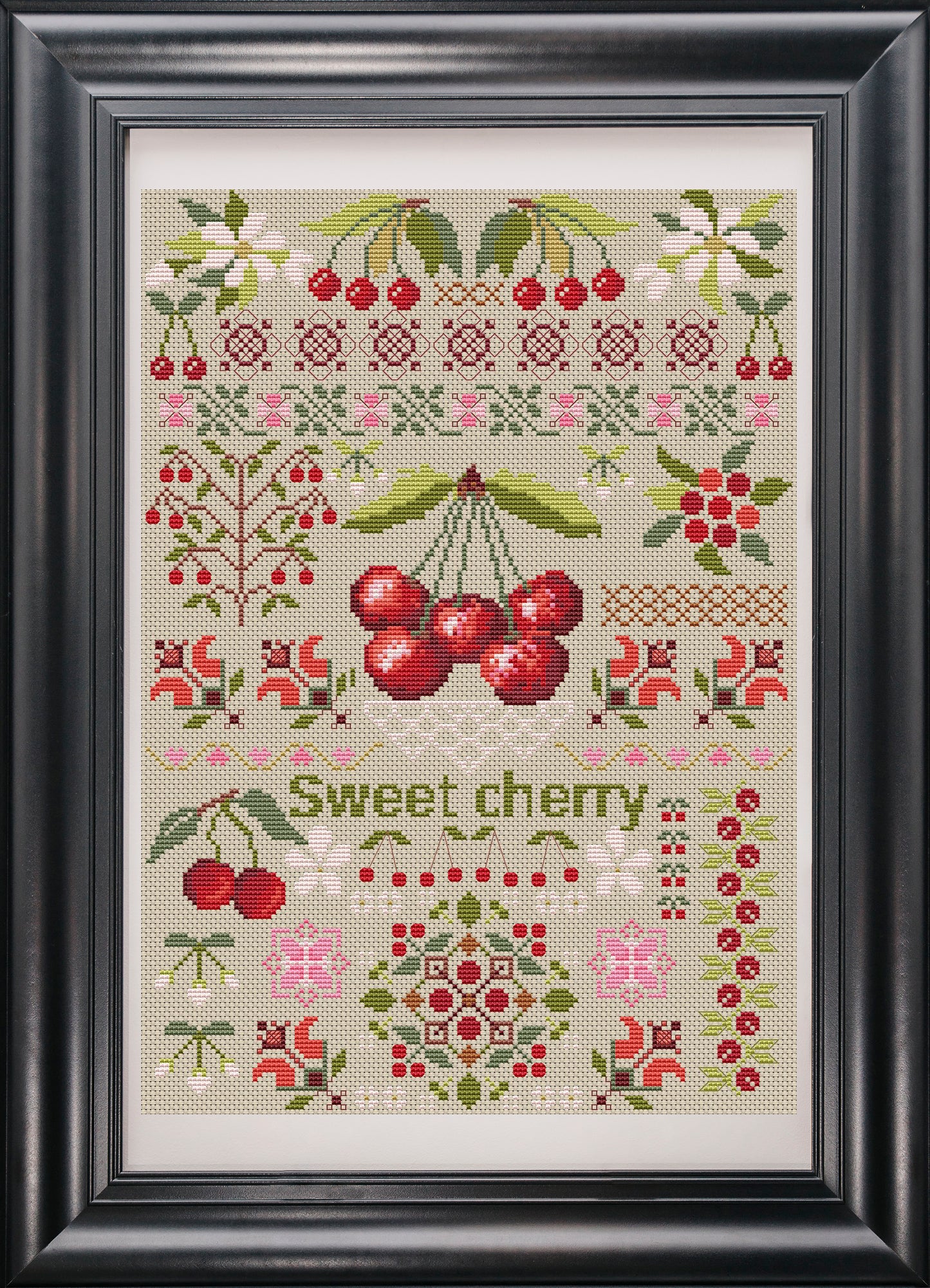 Sweet cherry cross stitch pattern PDF. Modern Counted cross stitch Fruits Sampler