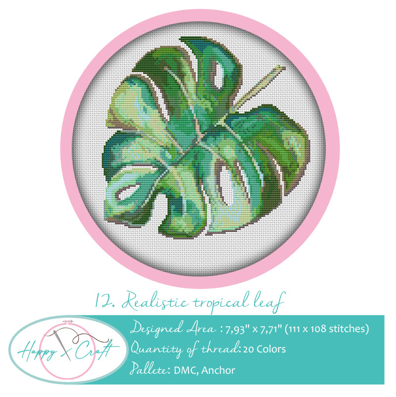 Tropical leaf cross-stitch kit by Happy x craft. Plant counted cross-stitch kit