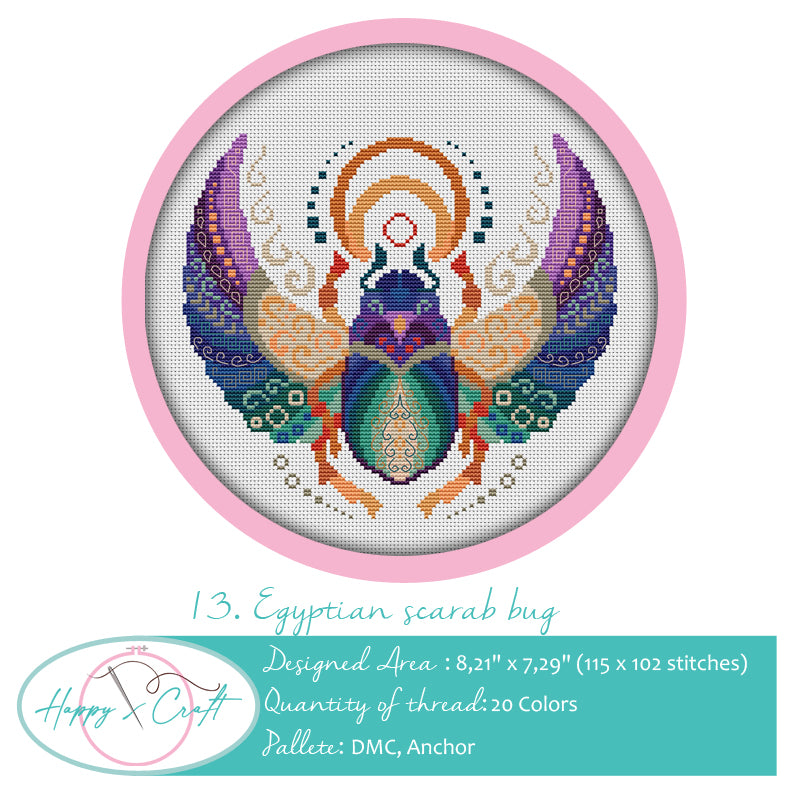 Egyptean scarab cross-stitch kit by happy x craft. Insect counted cross-stitch kit
