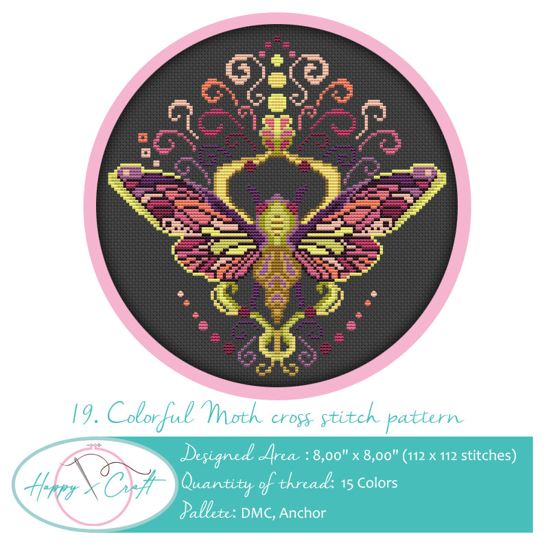 Colorful Insect Moth Modern Counted Cross Stitch Kit