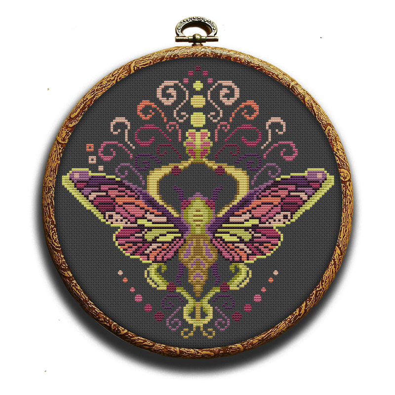 Colorful purple moth cross-stitch pattern by Happy x craft
