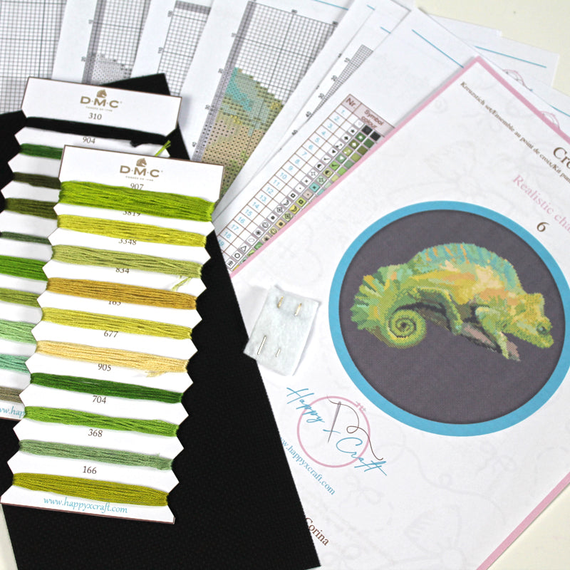 Chameleon cross-stitch kit by happy x craft THE MATERIALS