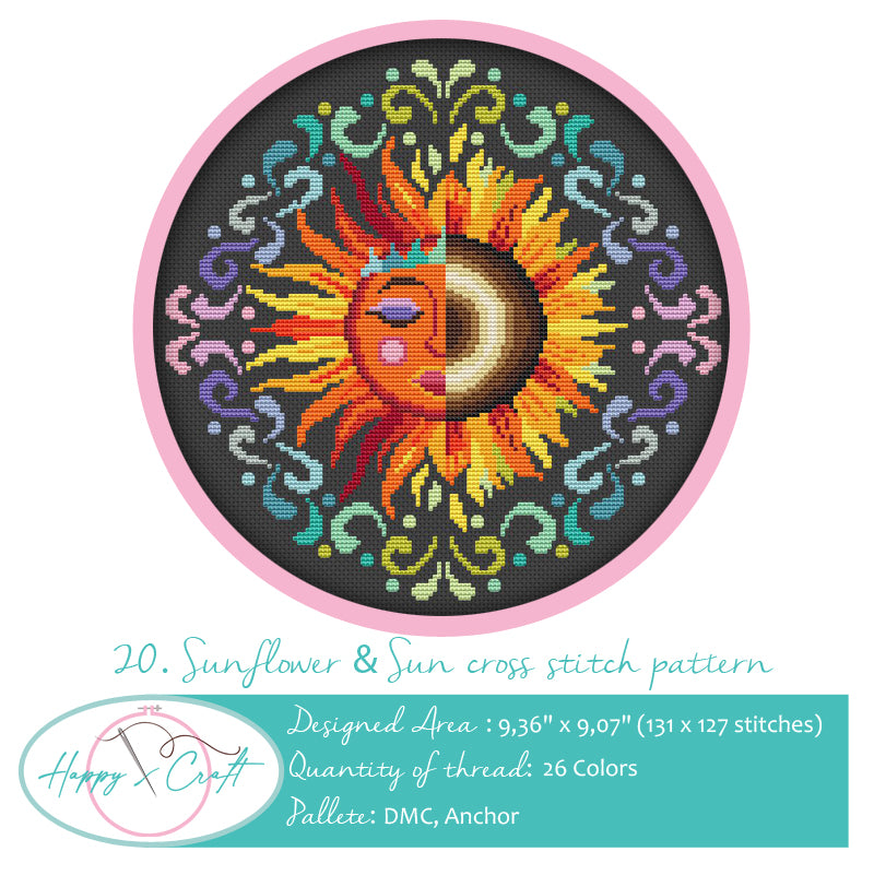 Kreuzstichmuster mit Sonnenblumen und Sonne von Happy x craft. Einzigartiges gezähltes Kreuzstichmuster