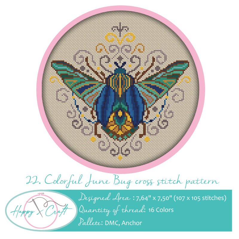 Colorful June Bug cross-stitch kit by happy x craft.