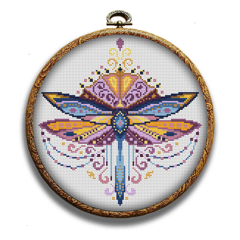 Colorful purple dragonfly cross-stitch pattern by Happy x craft