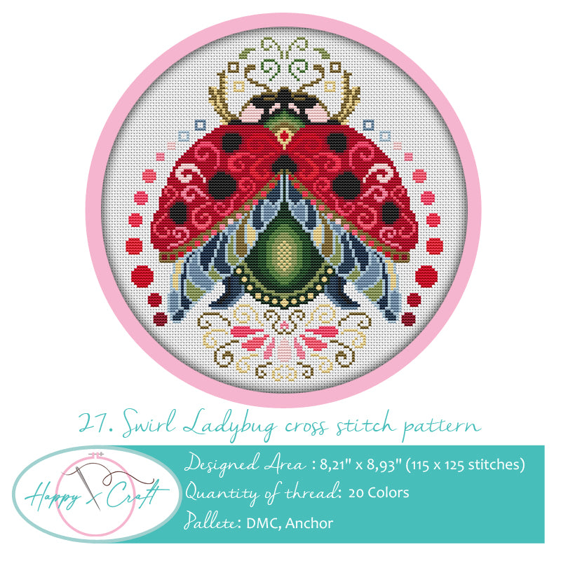 Swirl Ladybug Cross Stitch Pattern PDF Download