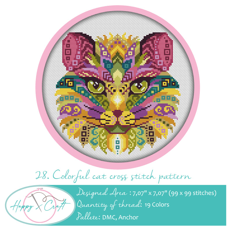 Colorful cat cross-stitch kit by Happy x craft