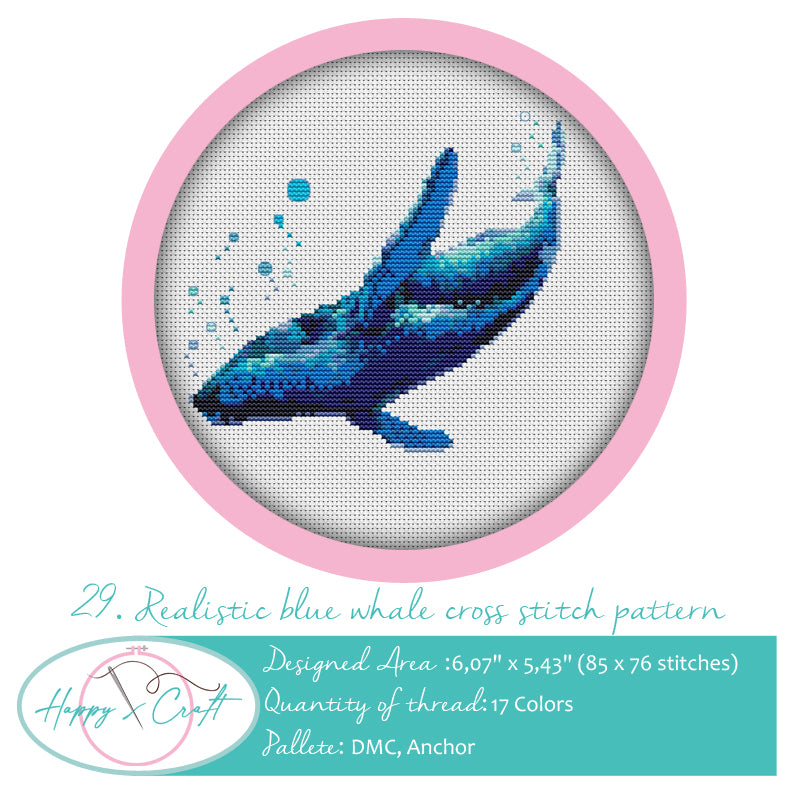 Realistic blue whale cross-stitch kit by Happy x craft