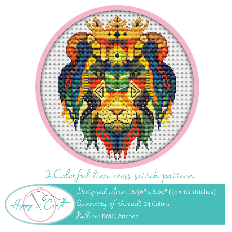 Colorful lion cross-stitch kit by Happy x craft.