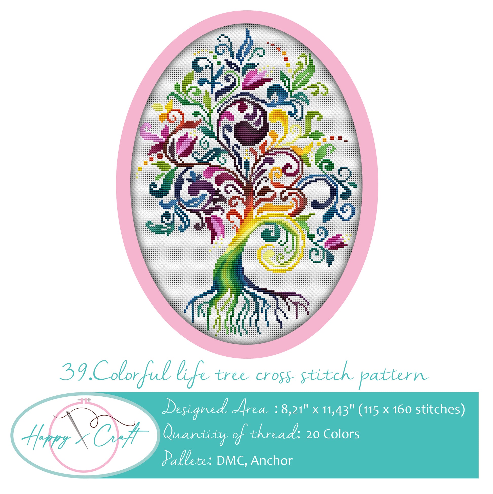 Colorful life tree cross-stitch pattern by Happy x craft
