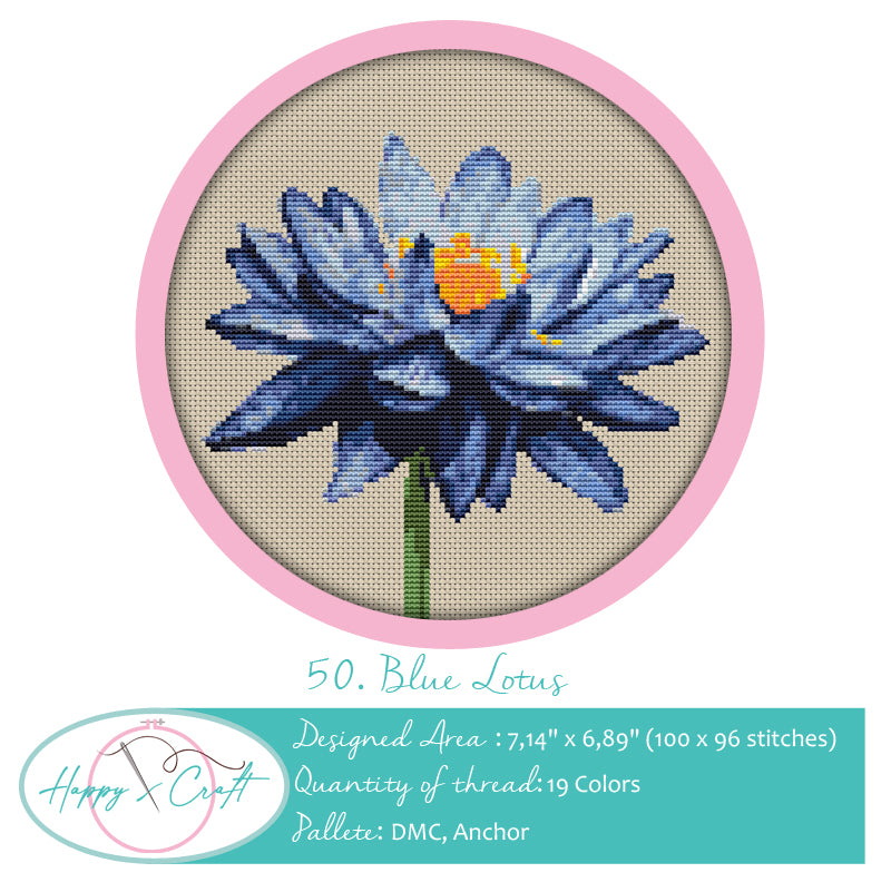 Blue lotus cross-stitch pattern by Happy x craft