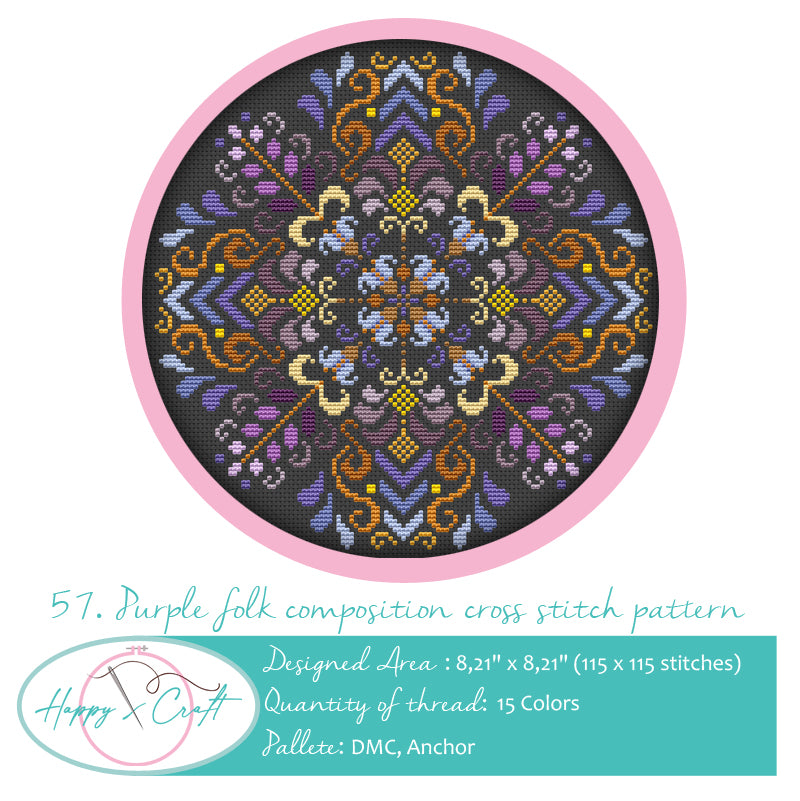 Purple Folk Art Unique counted Cross Stitch Kit