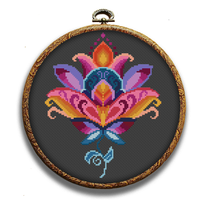 Colorful folk lotus cross-stitch pattern by Happy x craft