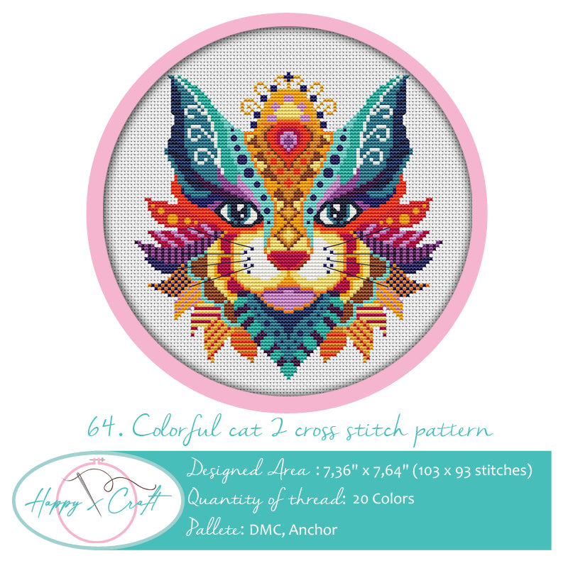 Colorful cat cross-stitch pattern by Happy x craft