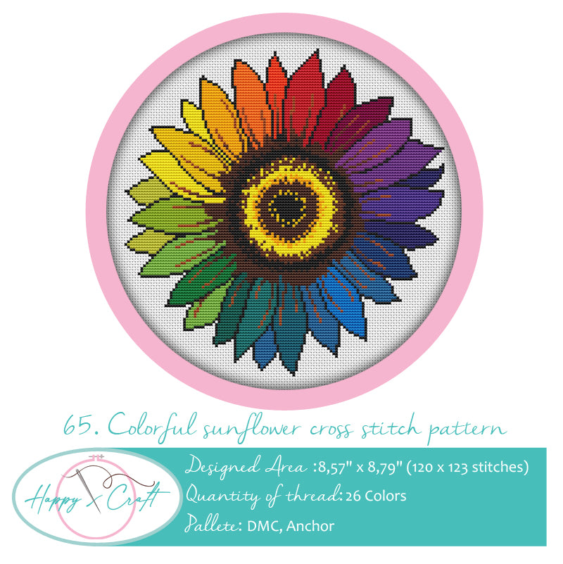 Colorful Sunflower cross-stitch pattern by Happy x craft.