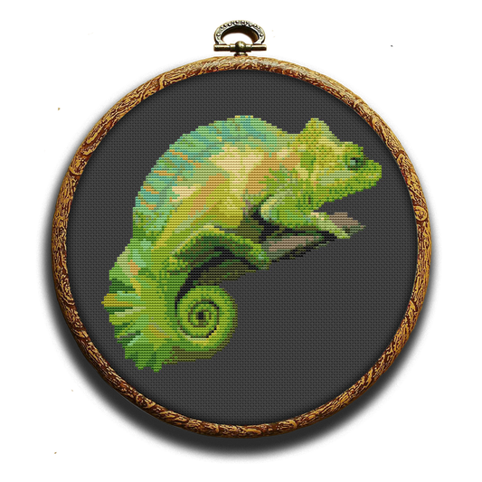 Green Chameleon cross stitch kit set by happy x craft