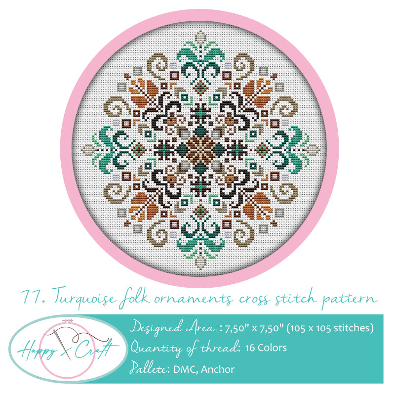 Turquoise Folk Ornaments Cross Stitch Pattern PDF