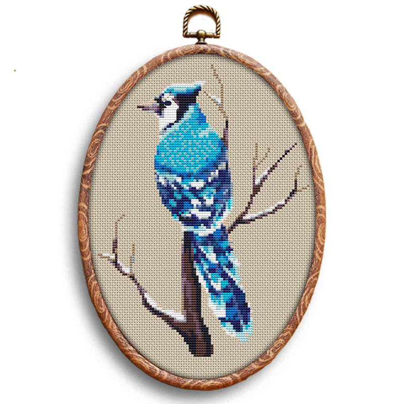 Blue Jay bird cross-stitch pattern by Happy x craft