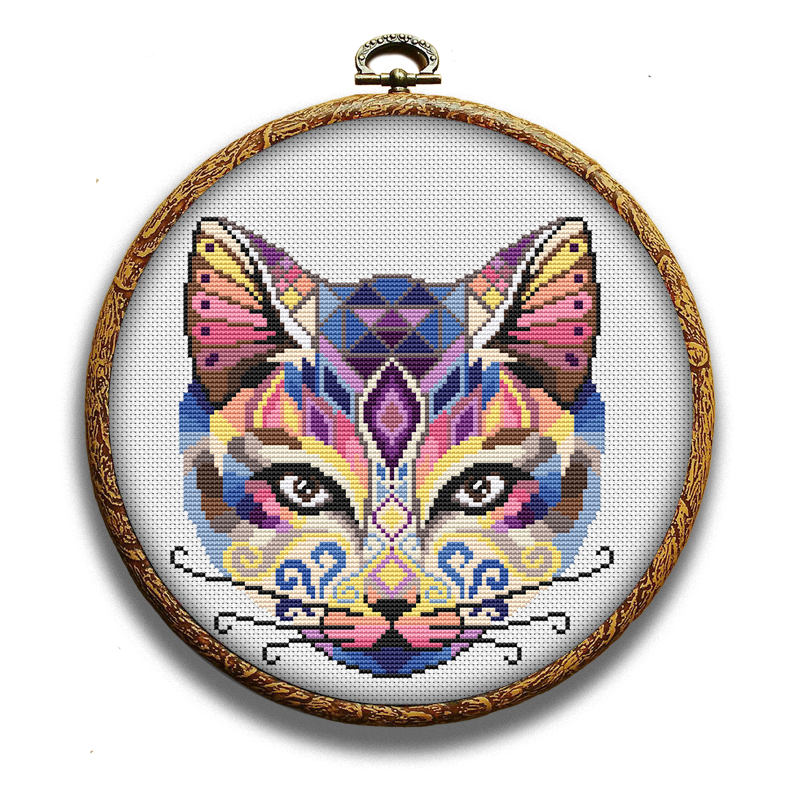 Colorful swirl cat cross-stitch kit by Happy x craft