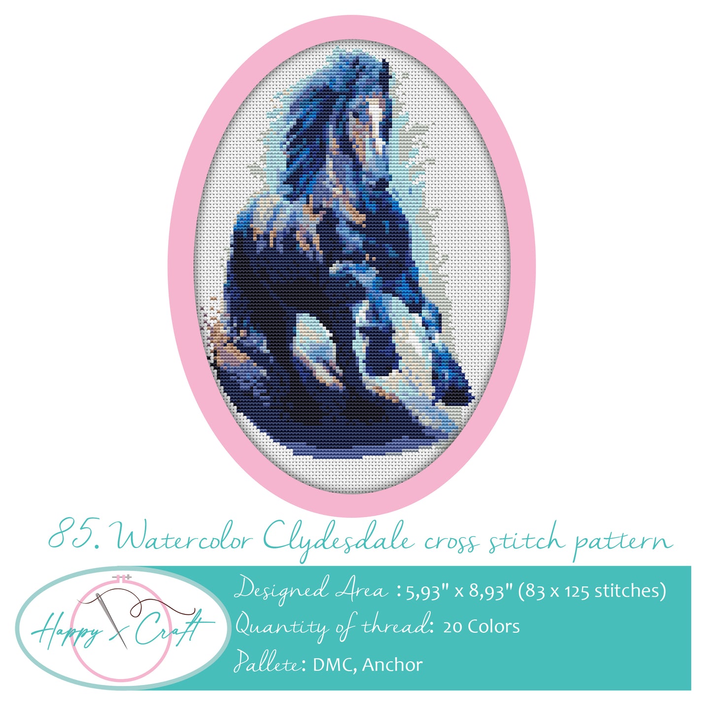 Watercolor Clydesdale Horse Cross Stitch Pattern PDF