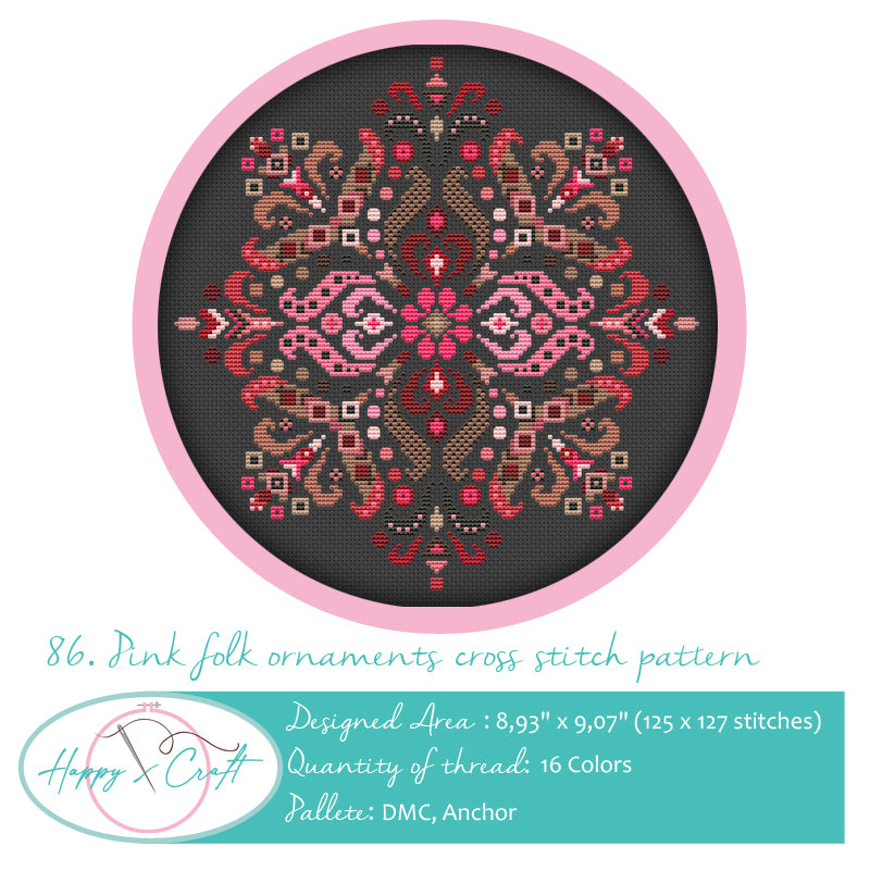 Pink Folk Ornaments Create a Unique Pillow Cross Stitch Kit