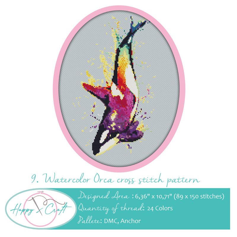 Whatercolor Orca cross-stitch kit by Happy x craft