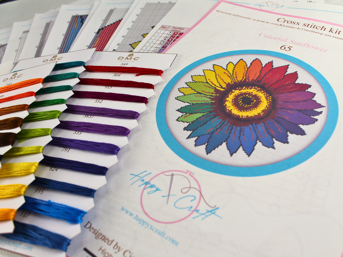 Handmade sunflower cross stitch kit including DMC floss, Aida fabric, needles, and professionally printed pattern