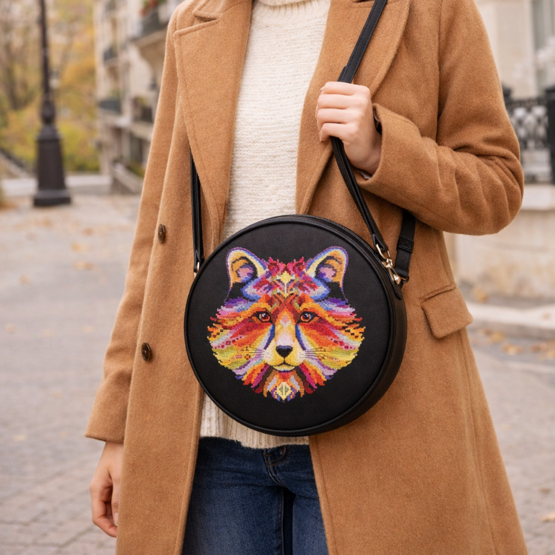 Black round crossbody bag featuring a vibrant fox cross stitch embroidery, modern embroidery fashion accessory