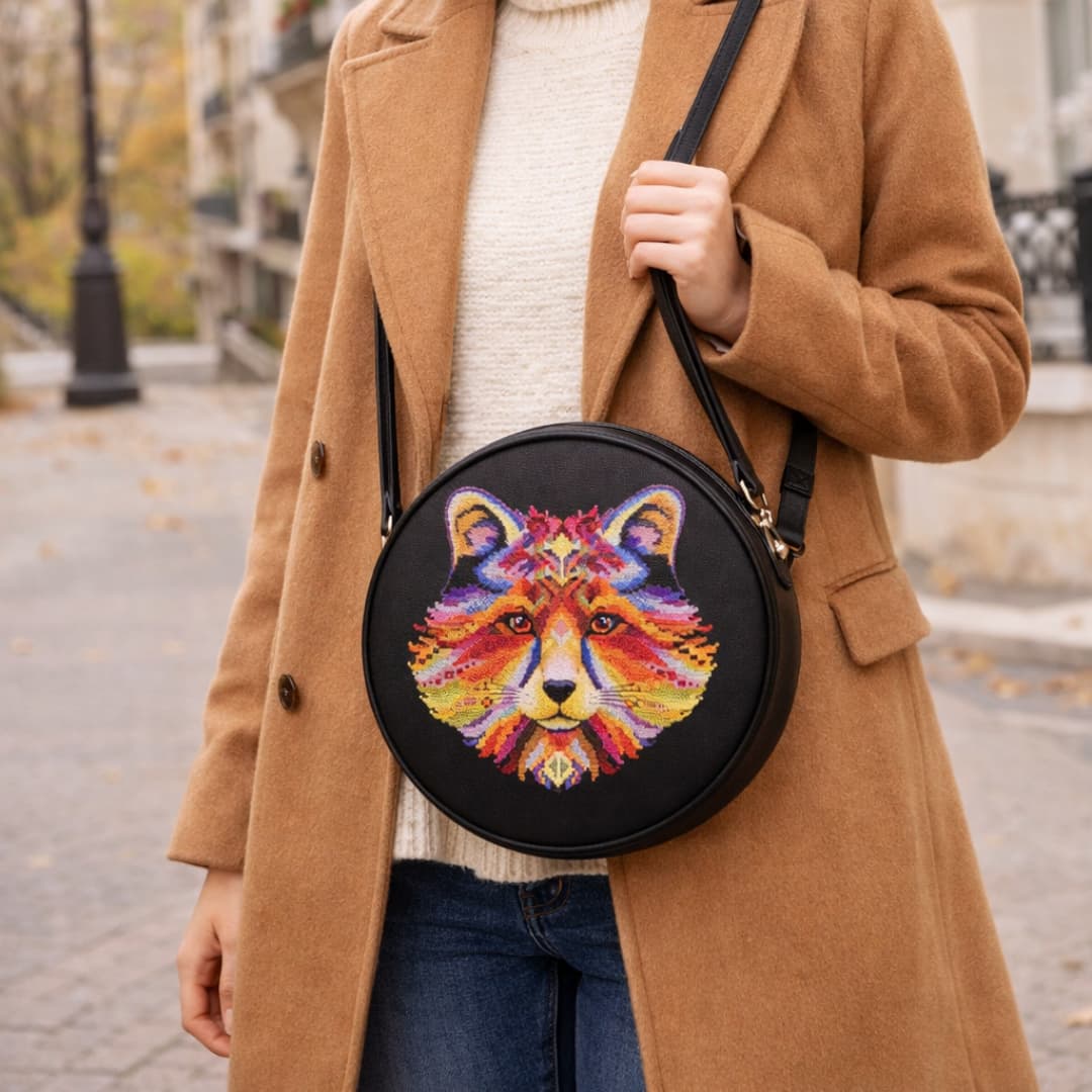 Black round crossbody bag featuring a vibrant fox cross stitch embroidery, modern embroidery fashion accessory