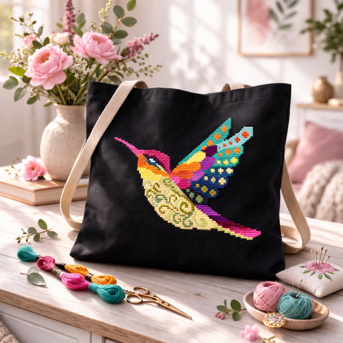 Black tote bag decorated with hummingbird embroidery from counted cross stitch kit, colorful bird DIY kit for creative stitching.