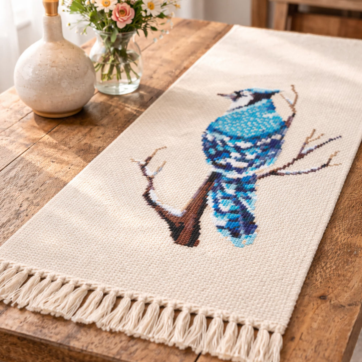 Blue Jay Counted Cross Stitch Kit displayed on decorative textile runner, blue bird embroidery kit, modern bird needlework set.