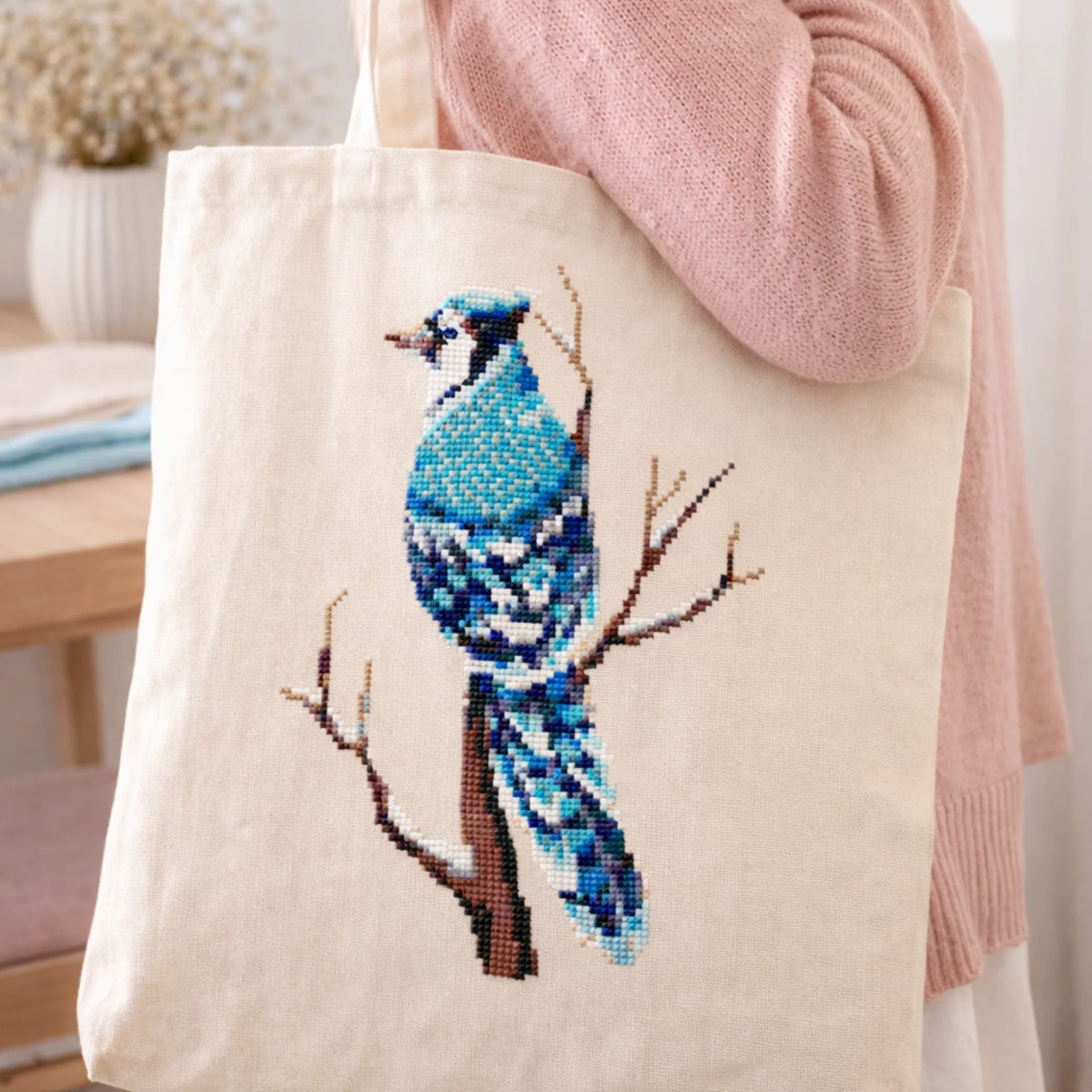 Blue Jay Counted Cross Stitch Kit displayed on natural tote bag, blue bird embroidery kit, modern bird needlework set.
