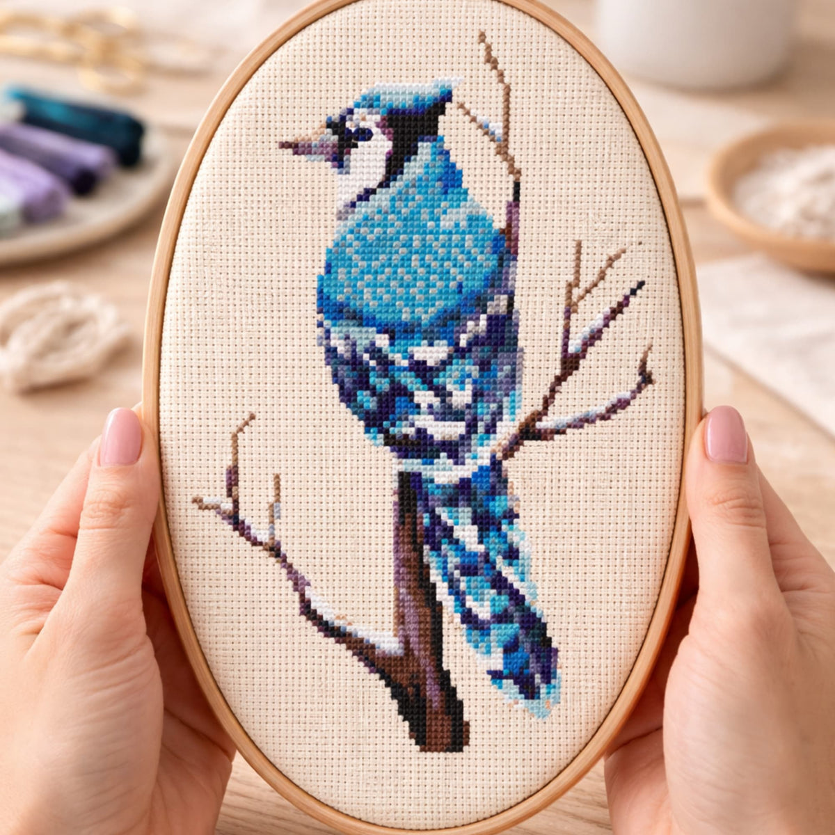 Blue Jay Counted Cross Stitch Kit stitched in oval embroidery hoop, blue bird embroidery kit, modern bird needlework set.