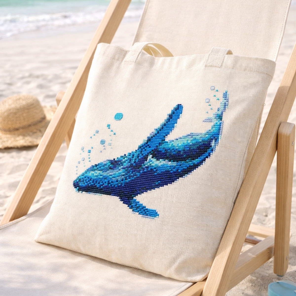 Blue Whale Counted Cross Stitch Kit displayed on a natural tote bag at the beach, whale embroidery kit, ocean inspired needlework set.