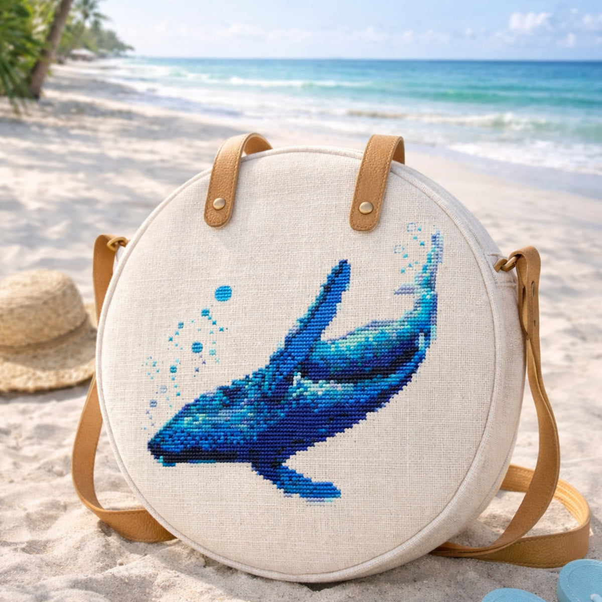 Blue Whale Counted Cross Stitch Kit shown on a round beach bag, ocean whale embroidery kit, sea life needlework set for coastal craft lovers.