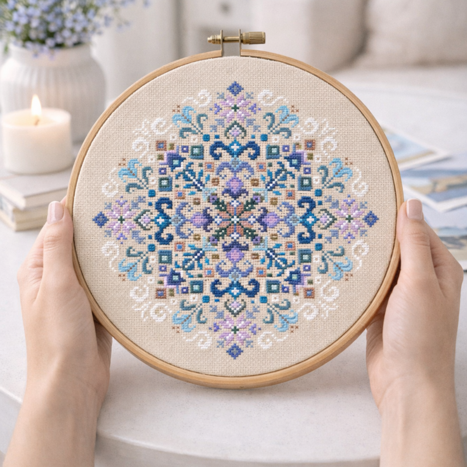 Blue and white geometric cross stitch mandala held in wooden embroidery hoop, symmetrical folk pattern stitched on natural linen fabric