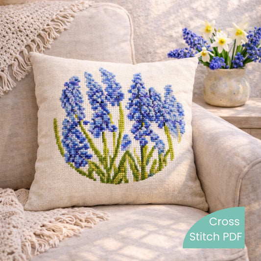 Blue bells cross stitced pillow