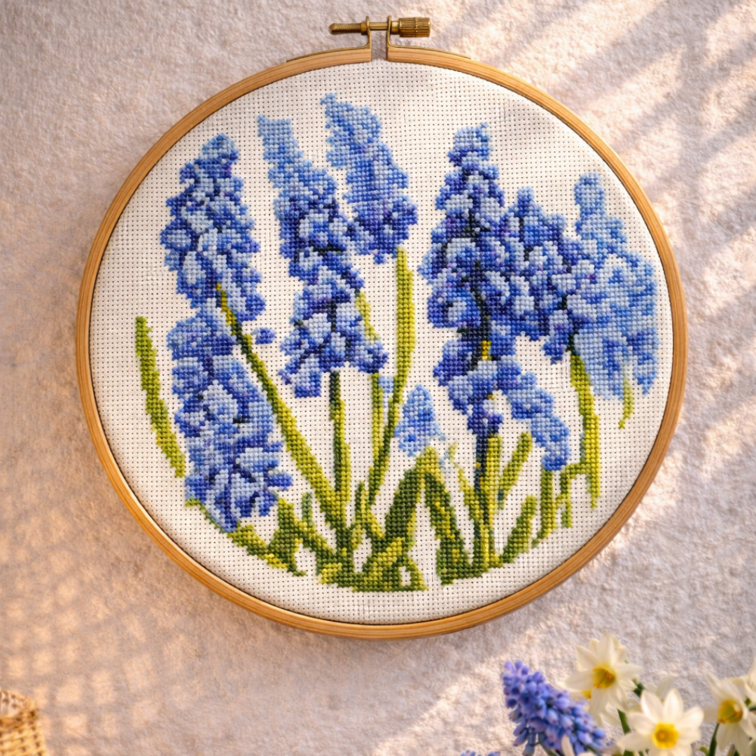 Cross stitch blue bells spring flower pattern