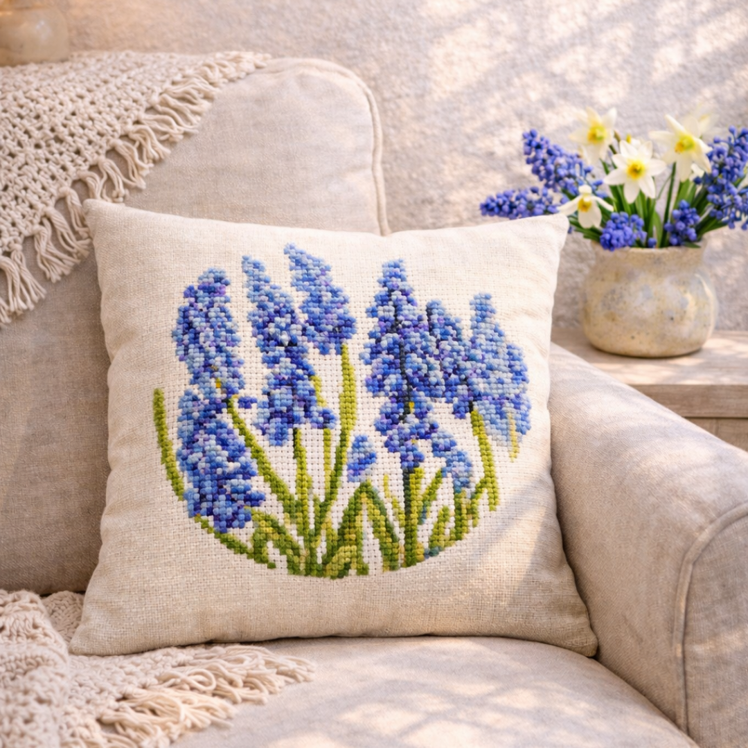 Blue bells cross stitced pillow