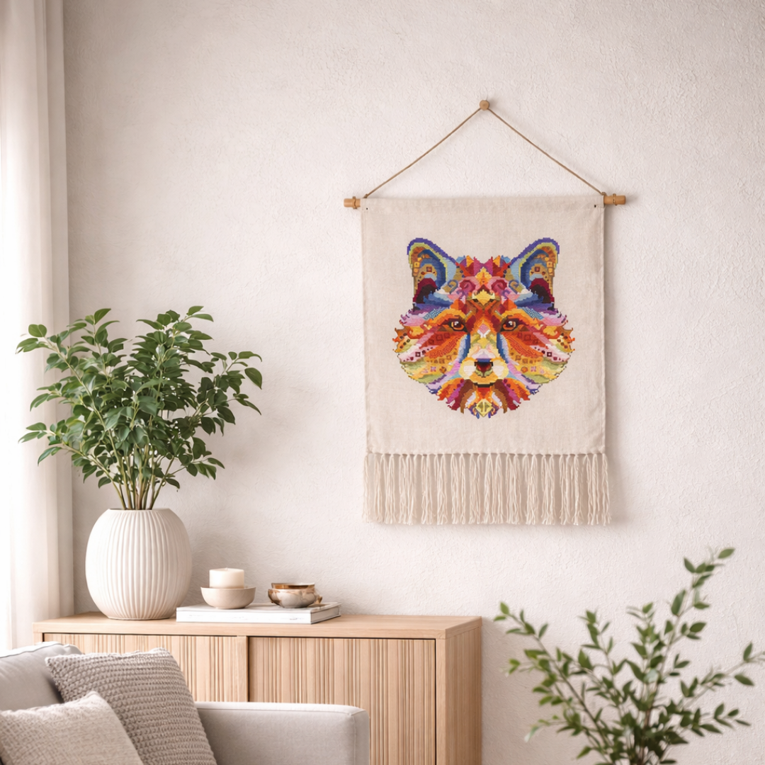 Boho-style textile wall hanging with fox cross stitch embroidery, handmade fiber art home decor