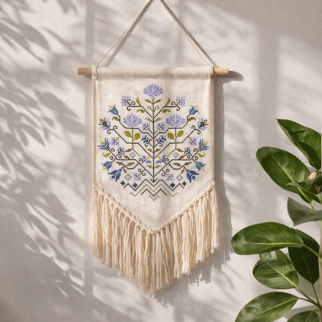 Boho wall hanging with blue floral cross stitch embroidery on natural linen fabric, finished with handmade fringe.