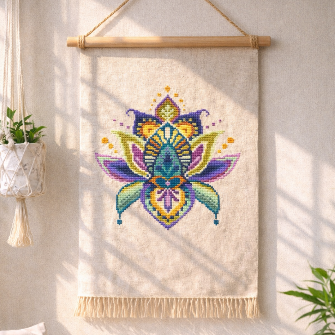 Boho wall hanging with colorful geometric floral cross stitch embroidery, modern handmade wall decor.