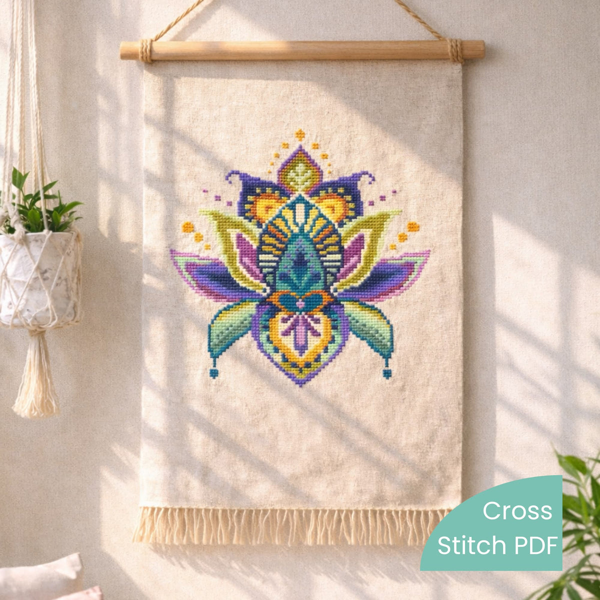 Boho wall hanging with colorful geometric floral cross stitch embroidery, modern handmade wall decor.