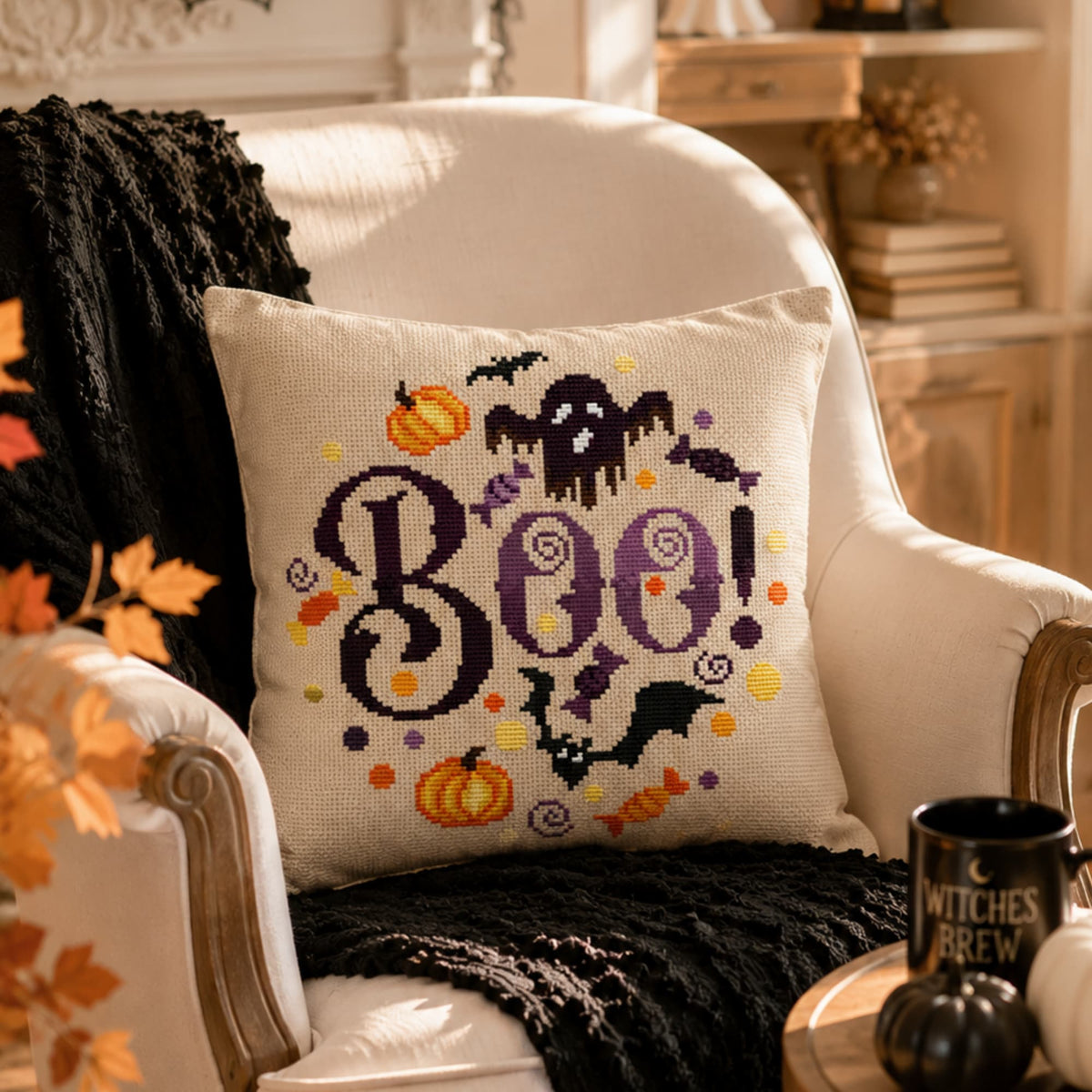 Boo Halloween cross stitch pattern PDF styled on decorative pillow, cozy spooky autumn home decor embroidery.