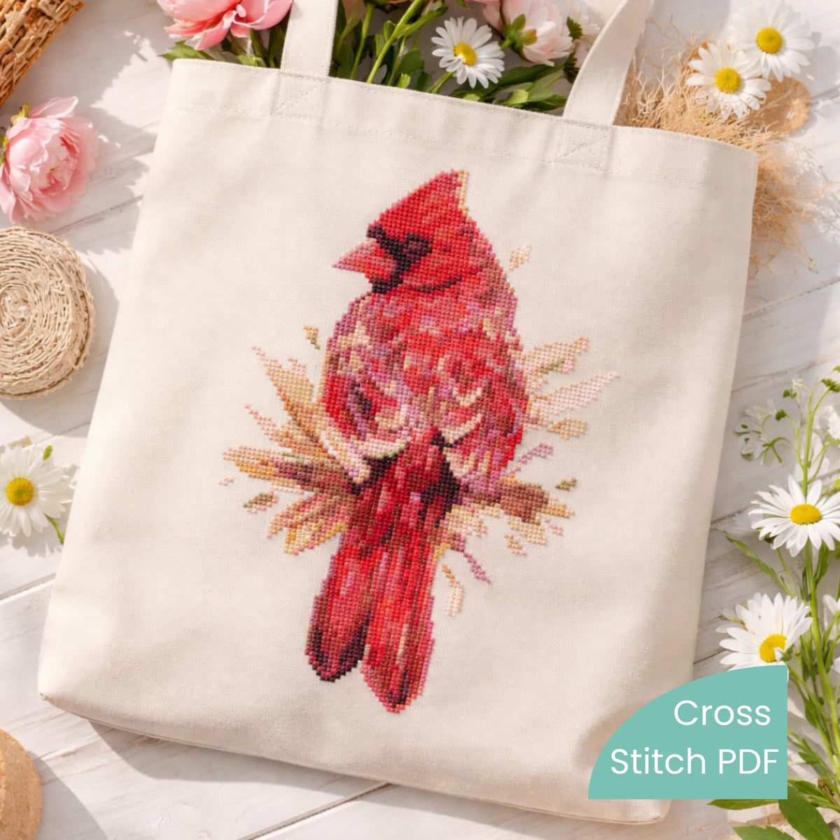 Canvas tote bag with red cardinal cross stitch embroidery, bird embroidery bag, handmade cardinal pattern accessory