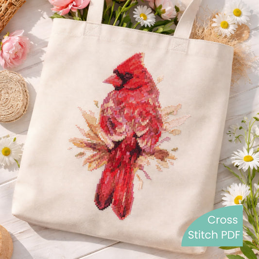Canvas tote bag with red cardinal cross stitch embroidery, bird embroidery bag, handmade cardinal pattern accessory