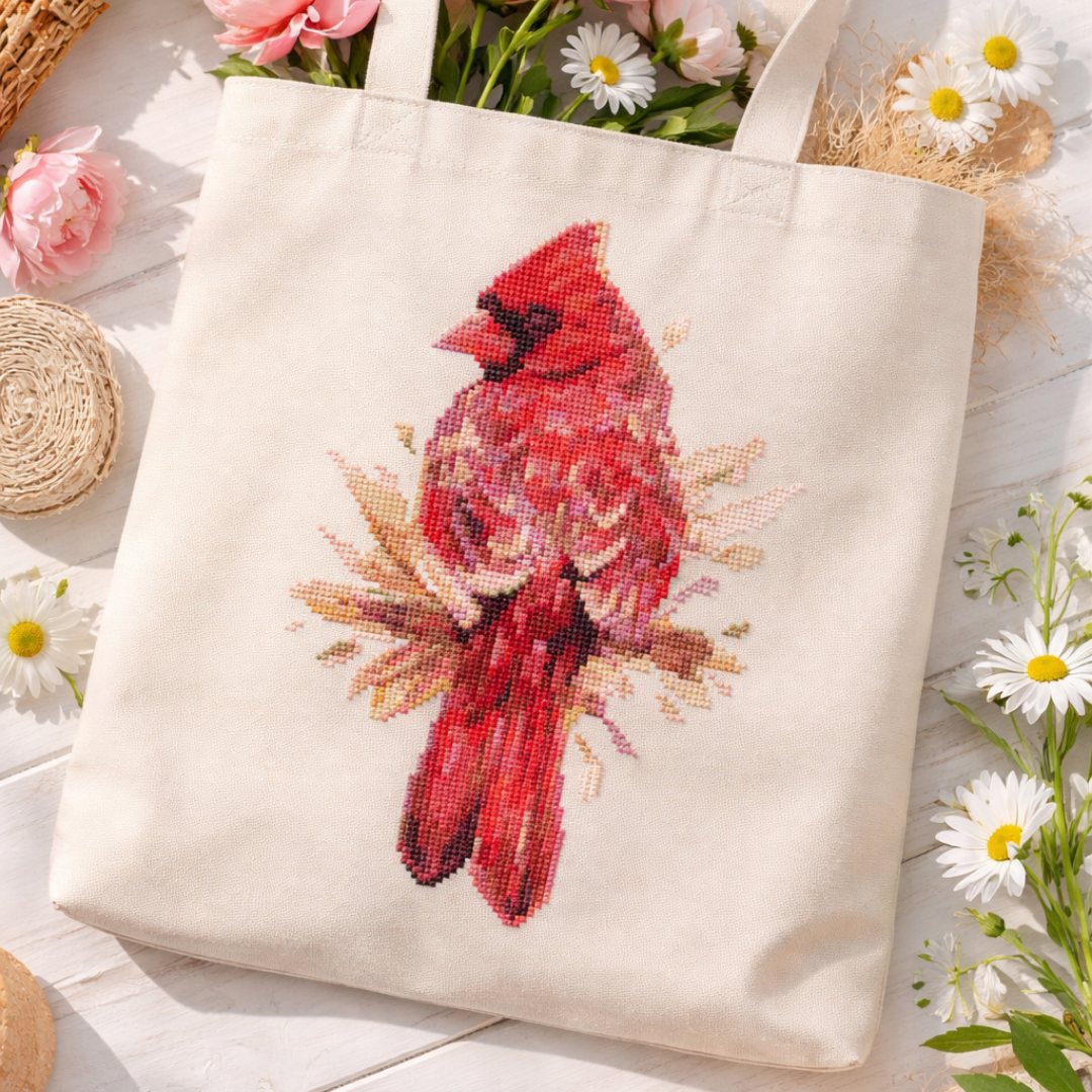 Canvas tote bag with red cardinal cross stitch embroidery, bird embroidery bag, handmade cardinal pattern accessory